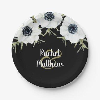 Anemones Black and White Floral Wedding Paper Plates