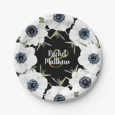 Anemones Floral Wedding Black and White Paper Plates