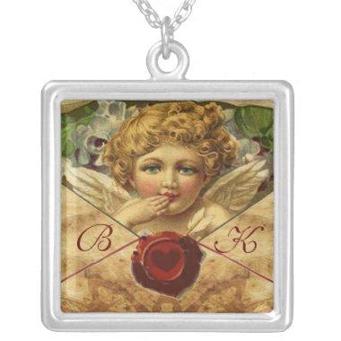 ANGEL HEART WAX SEAL PARCHMENT MONOGRAM SILVER PLATED NECKLACE