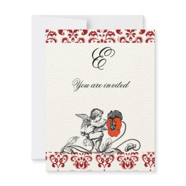 ANGEL PAINTING A RED FLOWER DAMASK MONOGRAM felt Invitations