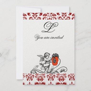 ANGEL PAINTING A RED FLOWER DAMASK MONOGRAM ice Invitations