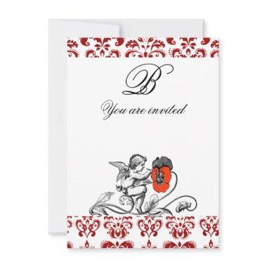 ANGEL PAINTING A RED FLOWER DAMASK MONOGRAM Invitations