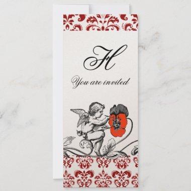 ANGEL PAINTING A RED FLOWER DAMASK MONOGRAM Invitations