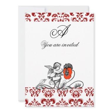 ANGEL PAINTING A RED FLOWER DAMASK MONOGRAM Invitations