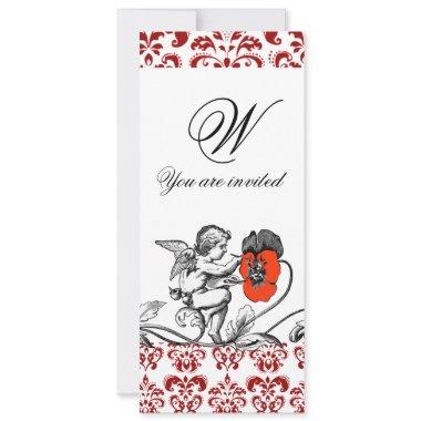 ANGEL PAINTING A RED FLOWER DAMASK MONOGRAM Invitations