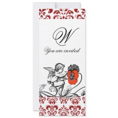 ANGEL PAINTING A RED FLOWER DAMASK MONOGRAM linen Invitations