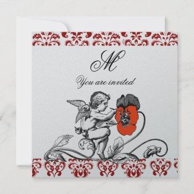 ANGEL PAINTING A RED FLOWER DAMASK MONOGRAM Silver Invitations