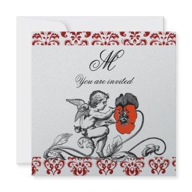 ANGEL PAINTING A RED FLOWER DAMASK MONOGRAM Silver Invitations