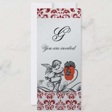 ANGEL PAINTING A RED FLOWER DAMASK MONOGRAM silver Invitations
