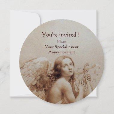 ANGEL PLAYING LYRA OVER THE CLOUDS,Monogram Sepia Invitations