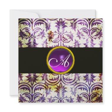 ANTIQUE DAMASK MONOGRAM,black white purple,gold Invitations