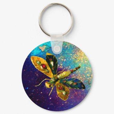 ANTIQUE DRAGONFLY JEWEL IN BLUE GOLD SPARKLES KEYCHAIN