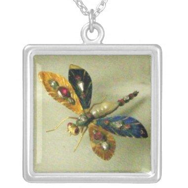 ANTIQUE DRAGONFLY JEWEL SILVER PLATED NECKLACE