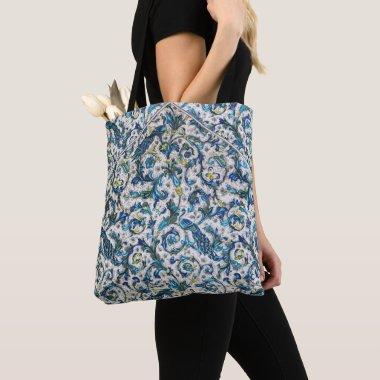 ANTIQUE FLORENTINE TEAL BLUE FLORAL,PEACOCKS,BIRDS TOTE BAG