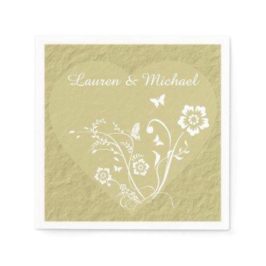 Antique Gold Floral Heart Personalized Wedding Paper Napkins