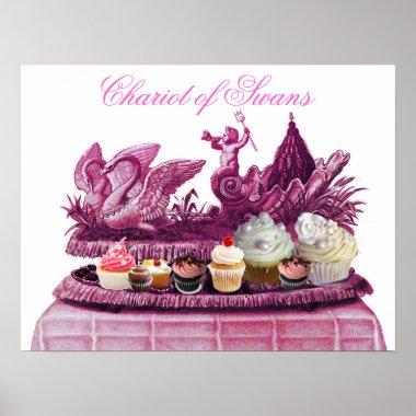 ANTIQUE PINK CHARIOT OF SWANS AND CUPCAKES POSTER