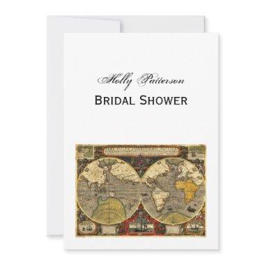 Antique World Map #2, DIY White BG V Bridal Shower Invitations