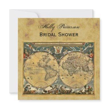 Antique World Map, Distressed BG SQ