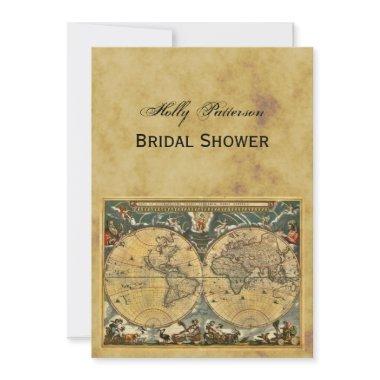 Antique World Map, Distressed BG V Bridal Shower Invitations