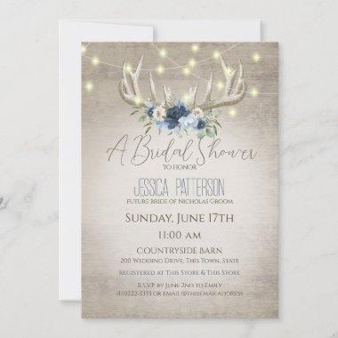 Antlers and Lights Floral Blue Bridal Shower Invitations