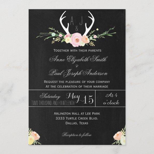 Antlers floral chalkboard wedding Invitations