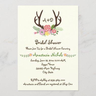 Antlers & flowers monogram wedding bridal shower Invitations