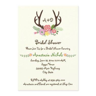 Antlers & flowers monogram wedding bridal shower Invitations