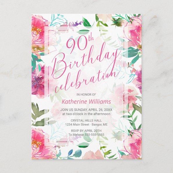 Any Age Tropical Floral Pink Peony 90th Birthday Invitation PostInvitations