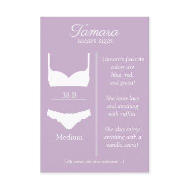 ANY BACKGROUND COLOR: Lingerie Size Insert Card