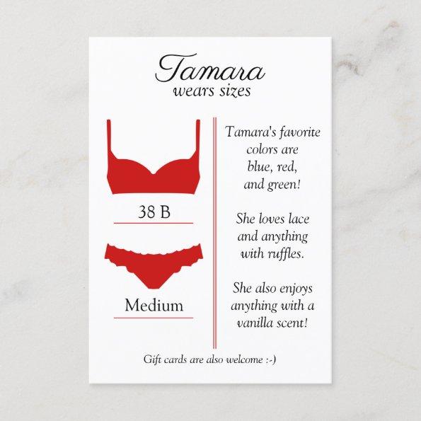 ANY BACKGROUND COLOR: Lingerie Size Insert Card
