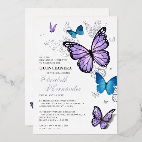 Any Color Butterfly Elegant Quinceanera Foil Invitations