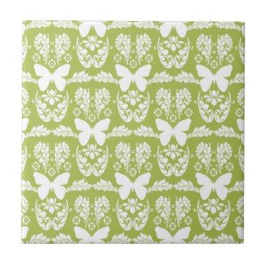 Apple Green Butterfly Damask Ceramic Tile Trivet