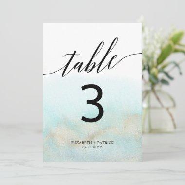 Aqua and Gold Watercolor Beach " Table Number