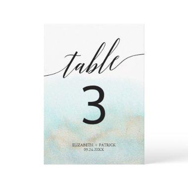 Aqua and Gold Watercolor Beach " Table Number