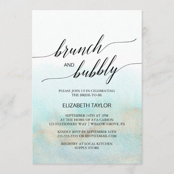 Aqua and Gold Watercolor Beach Brunch and Bubbly Invitations