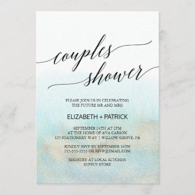 Aqua and Gold Watercolor Beach Couples Shower Invitations
