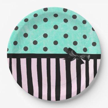 Aqua and Pink Polka Dot Striped Paper Plate