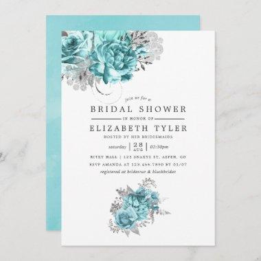 Aqua and Silver Vintage Shabby Roses Bridal Shower Invitations
