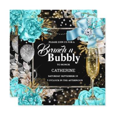 Aqua black rose shabby chic bubbly glitter  Invitations