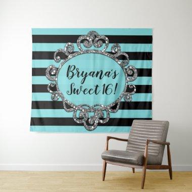 Aqua Black Silver Striped Birthday Party Backdrop