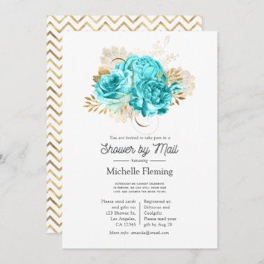 Aqua Blue and Gold Floral Shower by Mail Invitations