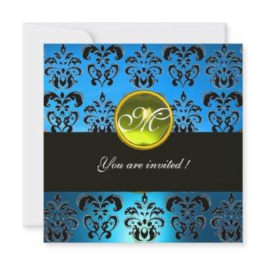 AQUA BLUE BLACK DAMASK MONOGRAM, yellow topaz Invitations