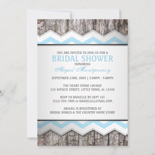 Aqua Blue Chevron & Wood Rustic Bridal Shower Invitations