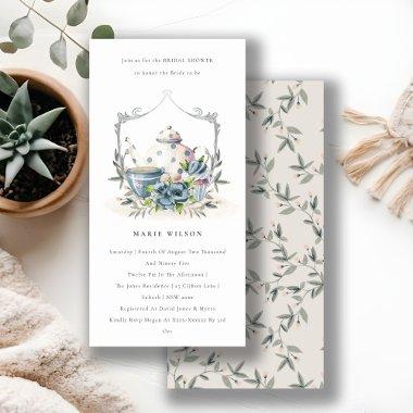 Aqua Blue Floral Teapot Cup  Invite