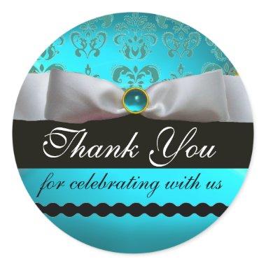 AQUA BLUE GEMSTONE ,WHITE DAMASK RIBBON Thank You Classic Round Sticker