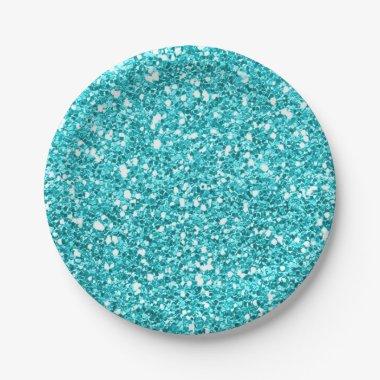 Aqua Blue Glitter Glam Custom Party Paper Plates