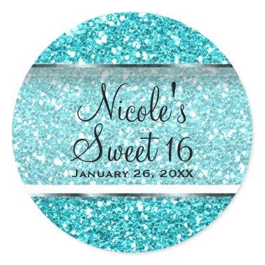 Aqua Blue Glitter Glam Sweet 16 Custom Party Favor Classic Round Sticker