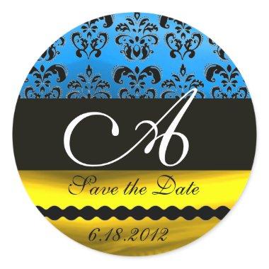 AQUA BLUE GOLD BLACK WHITE DAMASK MONOGRAM CLASSIC ROUND STICKER