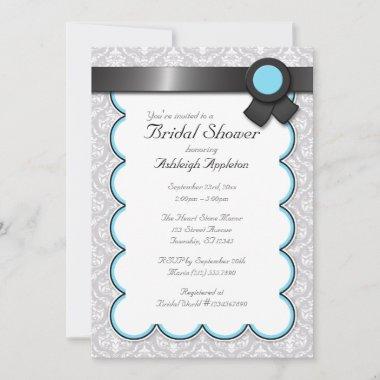 Aqua Blue & Gray Damask Bridal Shower Invitations
