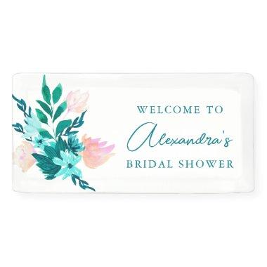 Aqua Blue Green Watercolor Floral Bridal Shower Banner